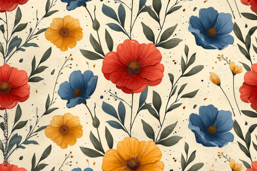 Elegant Vintage Floral Pattern with Red and Blue Blooms