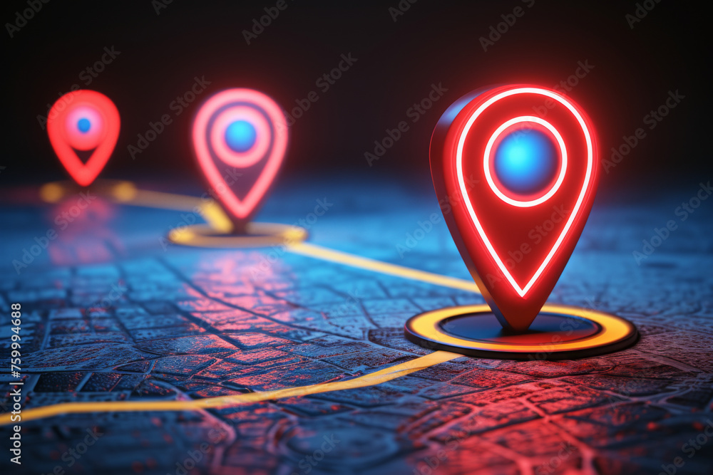 Glowing Navigation Pins on Digital Map Concept Glowing Navigation Pins on Digital Map Concept