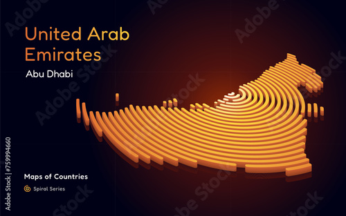 3D Gold Vector Map of United Arab Emirates in a Circle Spiral Pattern with a Capital of Abu Dhabi