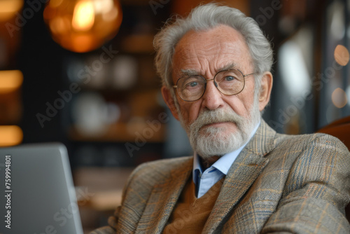 Distinguished Senior Gentleman Working on Laptop in a Stylish Interior