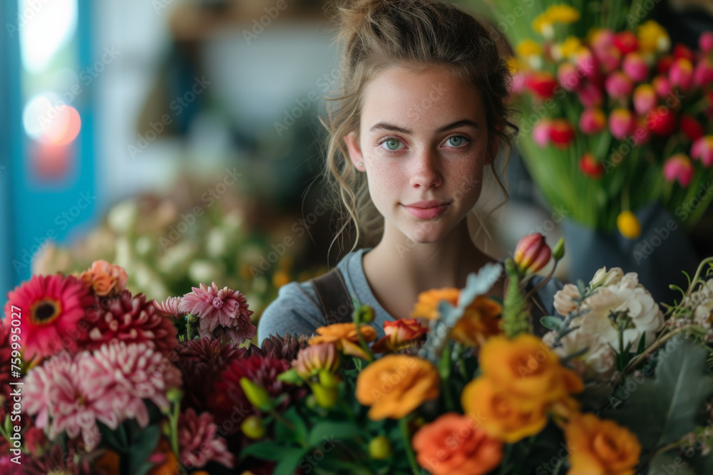 Serene Young Woman with Vibrant Bouquet of Colorful Flowers
