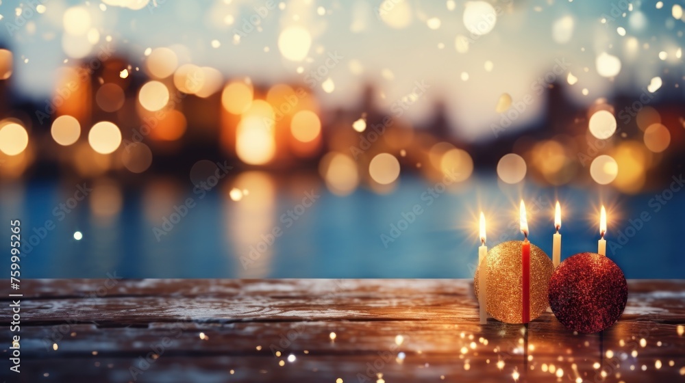 A small gold tree with lights on it is surrounded by a blurry background A small gold tree with lights on it is surrounded by a blurry background