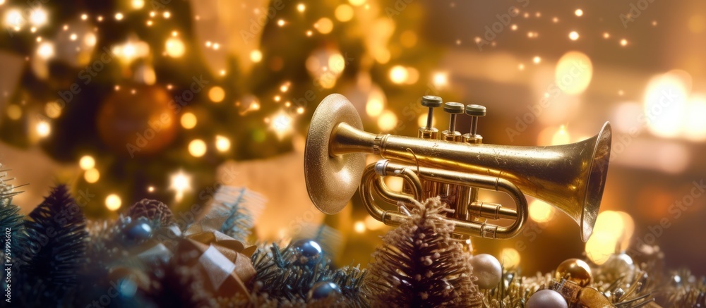 A Christmas tree with a golden trombone on top - obrazy, fototapety, plakaty 