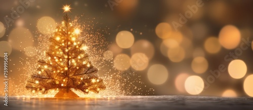 A small Christmas tree with gold ornaments sits on a snowy ground