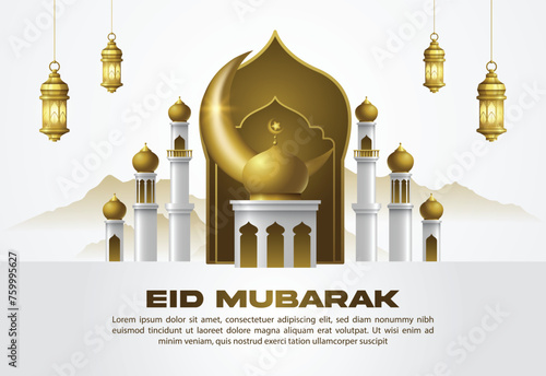 Islamic greeting eid mubarak design background, template with beautiful lanterns and crescent
