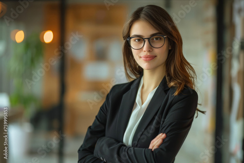 A successful businesswoman wearing glasses stands with her arms crossed in a confident pose inside an office