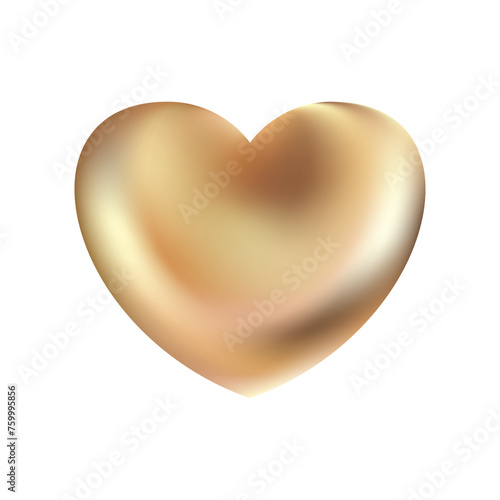 Golden realistic heart icon on white background. 3d vector illustration.