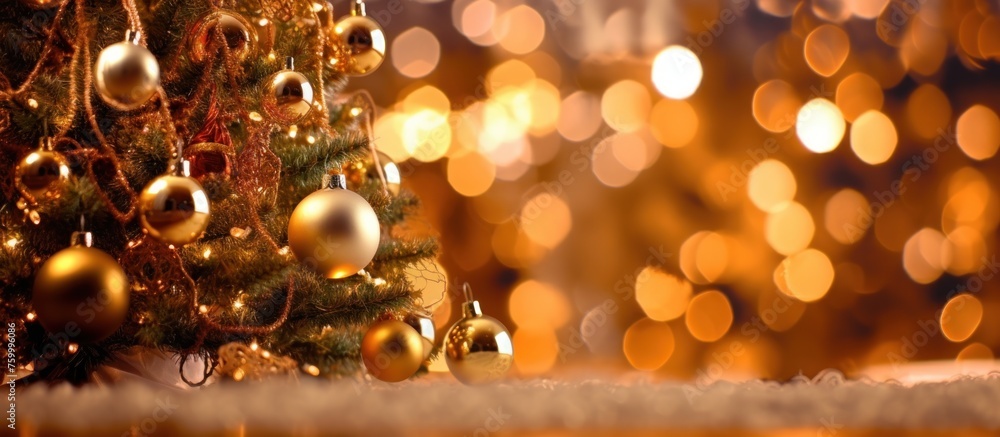 A small Christmas tree with gold ornaments sits on a snowy ground A small Christmas tree with gold ornaments sits on a snowy ground