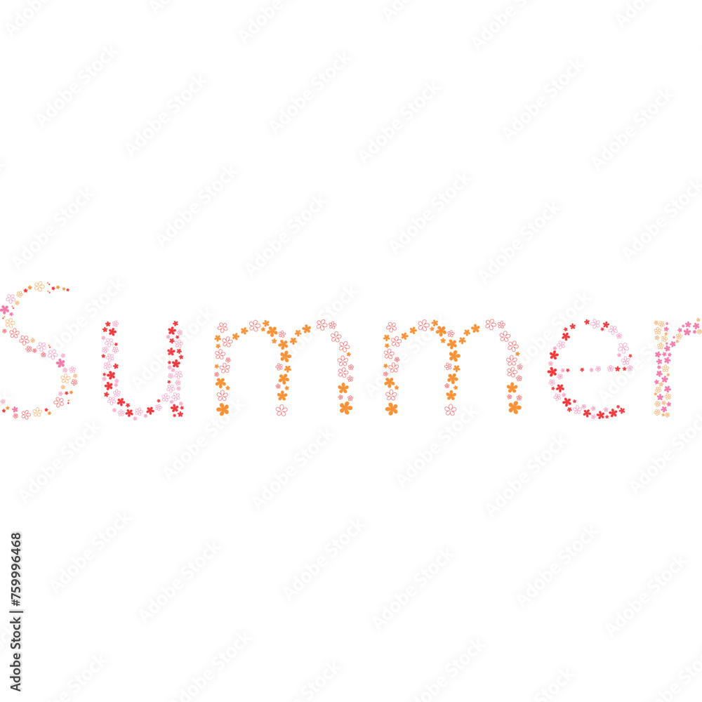Abstract word Summer written with multi-colored flowers on a white isolated background for printing on textiles