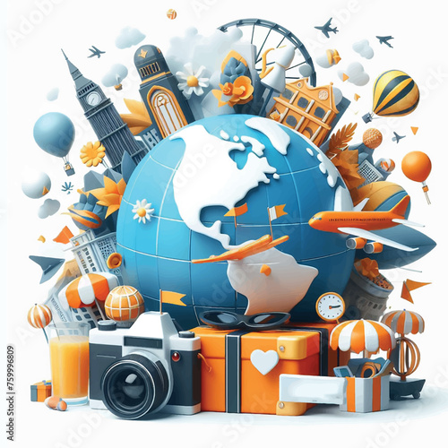 airplane and time to travel banner. travel around the world. landmarks on the globe. Tourism trip concept. Journey in Vacation. 
