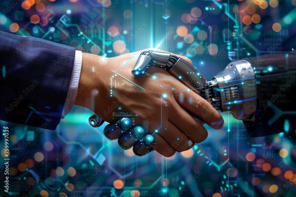 Shaking hands with a digital partner in front of a futuristic ...
