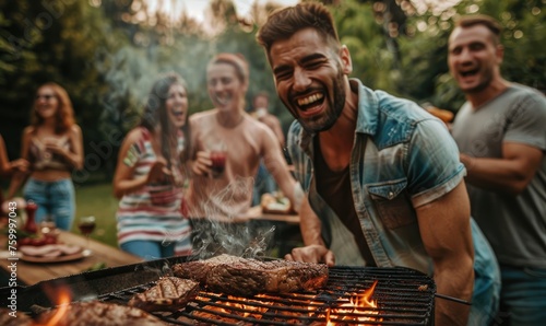 Man grilling outdoors at a friendly gathering