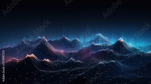 Illustrate the abstract resilience of IT systems, with digital mountains representing the strength to withstand challenges