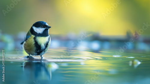 The tit rests in the water. photo