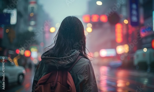 Woman standing alone on rainy city street