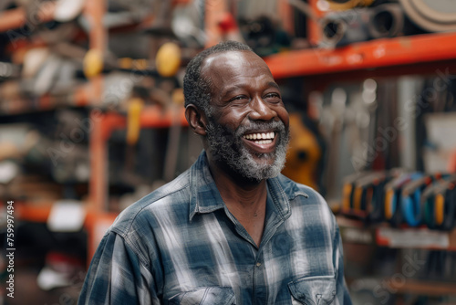 A middle-aged African man is smiling and laughing in a garage filled with tools as he selects a repair tool