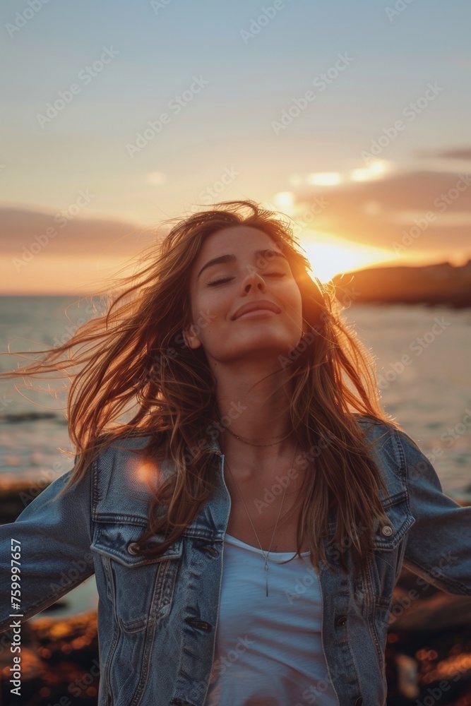 portrait of a smiling girl with closed eyes at sunset Generative AI