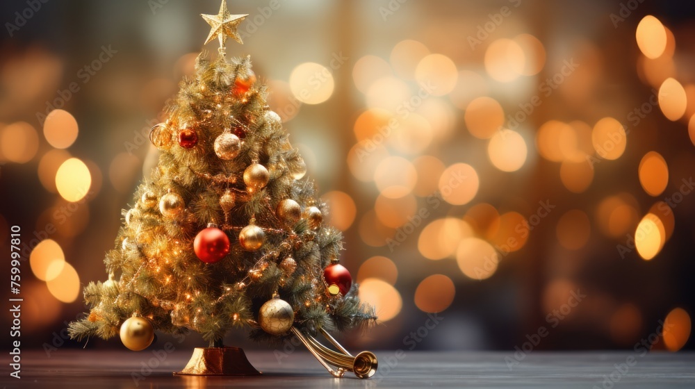 A small Christmas tree with gold ornaments sits on a snowy ground