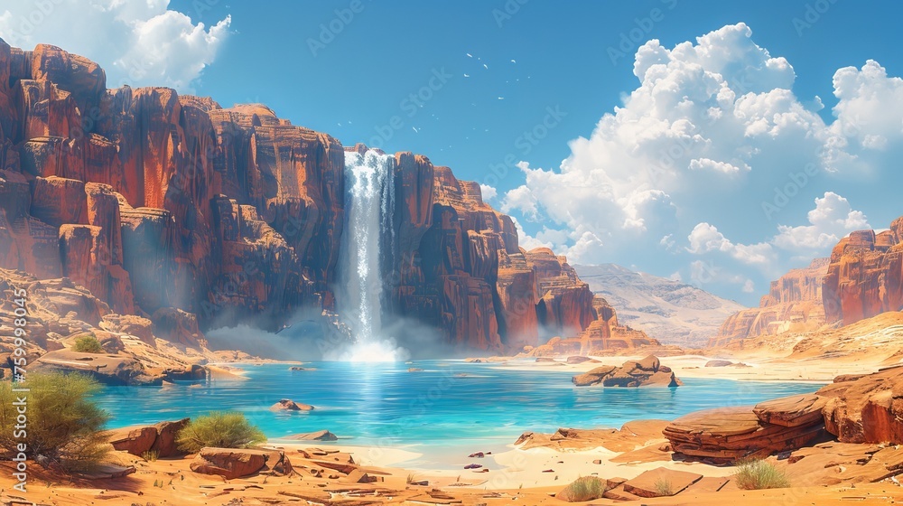 futuristic landscape with majestic waterfalls from high cliffs against a background reminiscent of an alien planet.
Concept: science fiction illustrations, space travel, inspiration for books and game