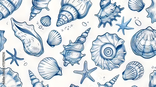 Horizontal AI illustration sea life sketches with a monochrome blue palette. Marine backgrounds. photo