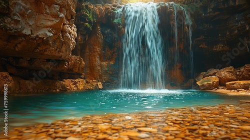 futuristic landscape with majestic waterfalls from high cliffs against a background reminiscent of an alien planet. Concept  science fiction illustrations  space travel  inspiration for books and game