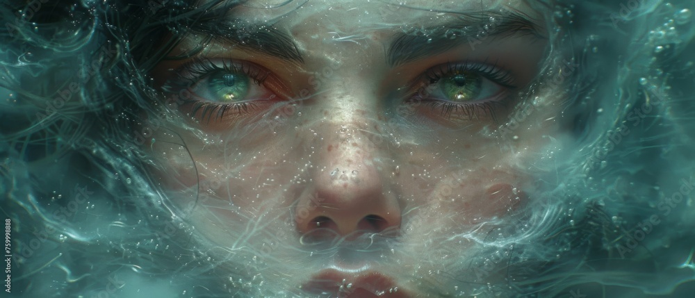  a close up of a woman's face with water swirling around her and a green eyed woman's face.