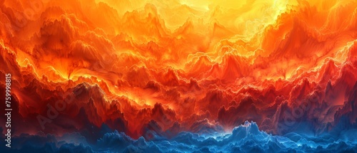  a painting of an orange, blue, and red sky with clouds in the foreground and a blue sky with clouds in the background.
