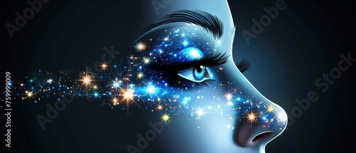  a close up of a person's face with stars coming out of the side of the face on a black background.