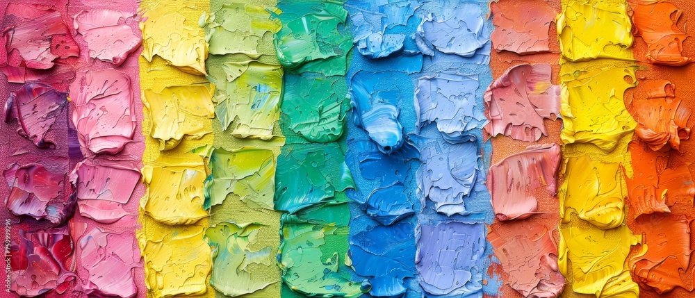 a close up of a multicolored painting with paintbrushes in the foreground and a rainbow of colors in the background. a close up of a multicolored painting with paintbrushes in the foreground and a rainbow of colors in the background.