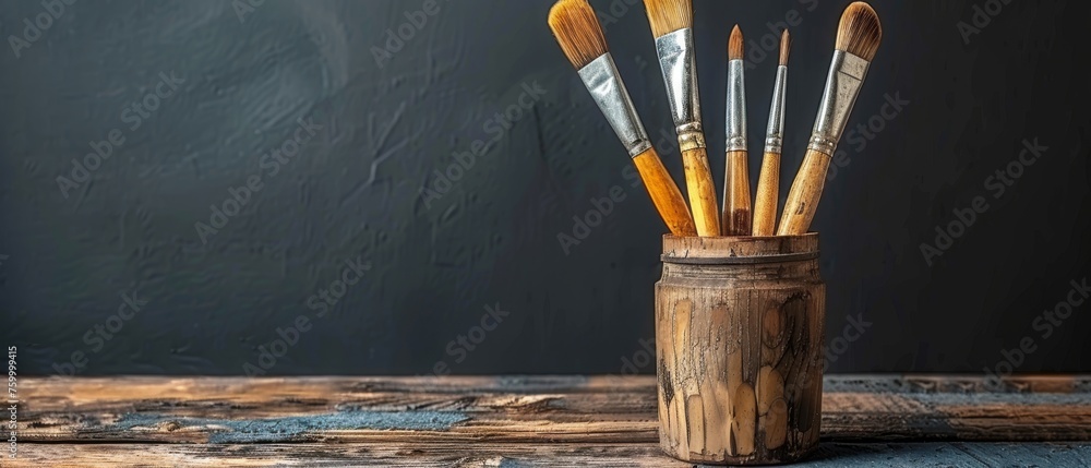  a cup full of paint brushes sitting on top of a wooden table in front of a black wall with a wooden frame. - obrazy, fototapety, plakaty 