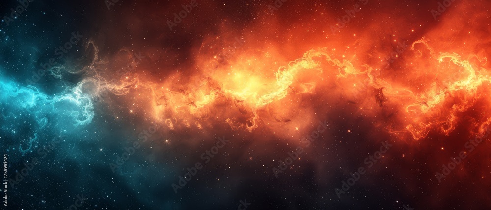  an image of a space scene with stars and a bright orange and blue star in the center of the image.