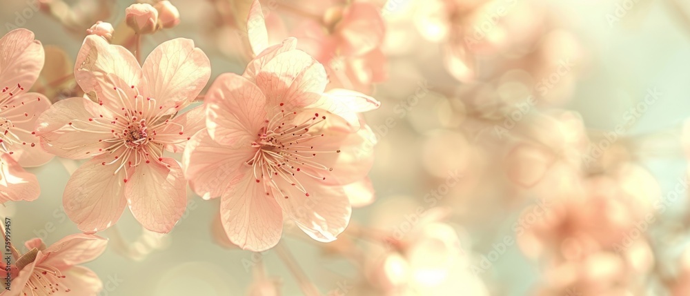  a close up of a bunch of pink flowers on a branch with a blurry background in the foreground.