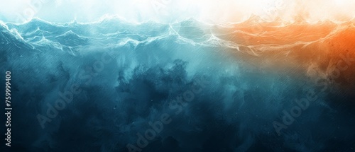  a painting of a blue and orange wave on a black and white background with an orange and blue sky in the background.