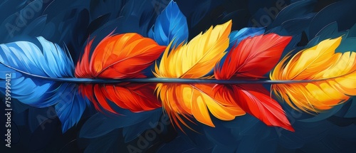  a painting of a red, yellow and blue feather on a black background with a reflection of itself in the water.