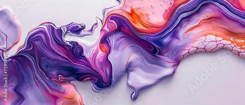  an abstract painting of purple, pink, and orange colors on a white background with a drop of water on the bottom of the image.