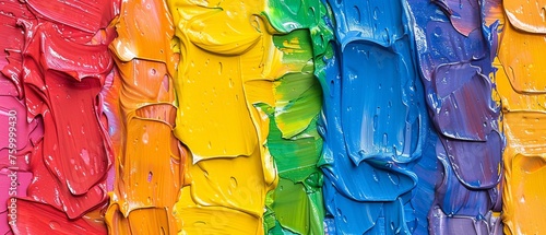  a close up of a multicolored wall with lots of paint smeared on it and a rainbow in the middle of the wall.