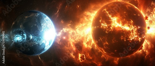  an artist's impression of a planet and a star in a space with fire and smoke swirling around it.