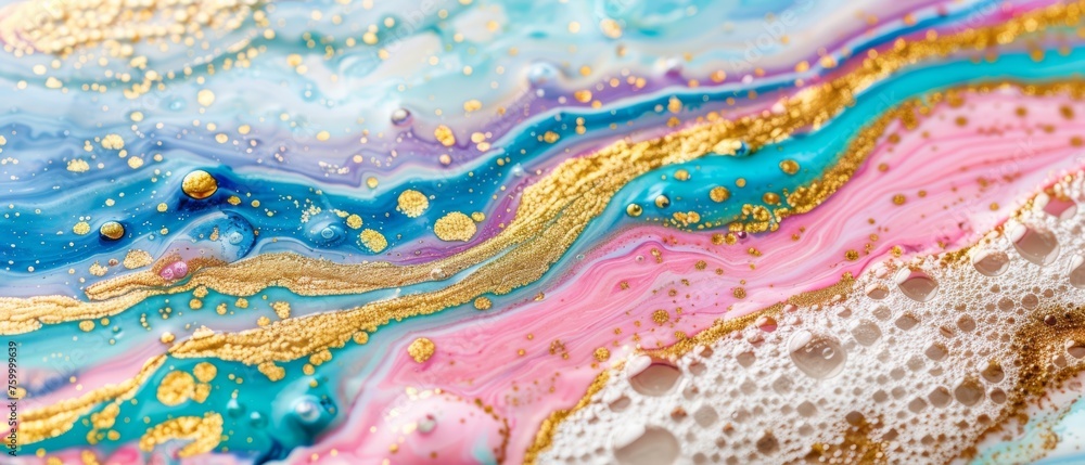  A macroscopic view of a vibrant fluid painting containing blue, pink, yellow, and white hues with golden accents..  generative ai