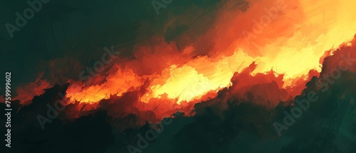  a painting of a fire with orange and yellow smoke coming out of the top of the flames and the bottom of the flames to the bottom of the flames.