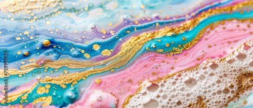  A macroscopic view of a vibrant fluid painting containing blue, pink, yellow, and white hues with golden accents.. generative ai