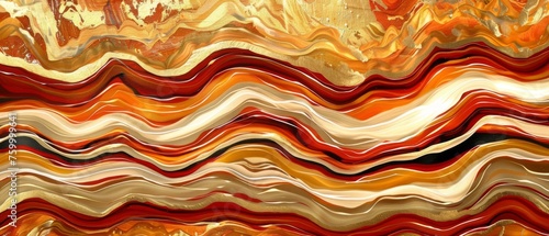 A close-up of an abstract painting featuring wavy lines in shades of red, orange, yellow, and brown on a white canvas