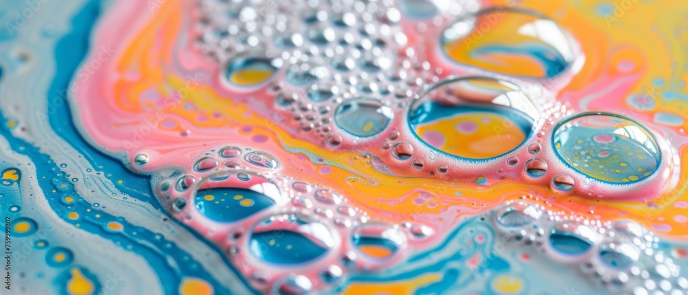 A blue, yellow, pink, orange liquid with texture bubbles. A blue, yellow, pink, orange liquid with texture bubbles.