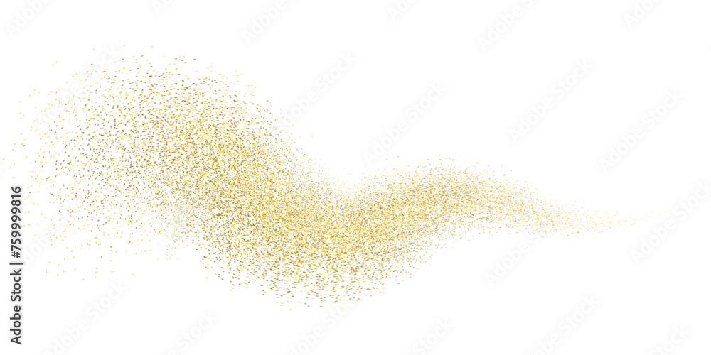 Splash of golden glitter, glittery stardust explosion, shimmering spray effect, festive holiday particles. Vector illustration.	