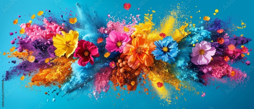  Colorful powders on blue, sky in backdrop.