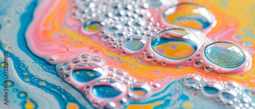  A blue, yellow, pink, orange liquid with texture bubbles.