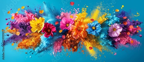  Colorful powders on blue, sky in backdrop. © Jevjenijs
