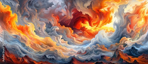  Orange-red-blue sky swirls with clouds, mountains in background.