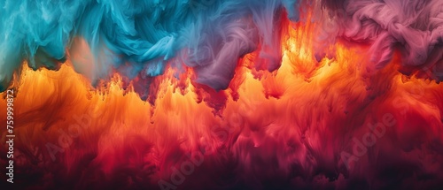  A painting portraying swirling hues of red, orange, blue, and yellow against a dark backdrop, depicting a smoky scene
