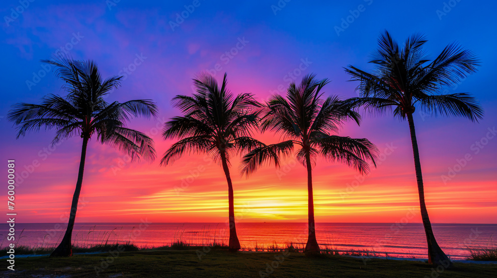 Tranquil Beach Sunset with Palm Silhouette, Exotic Vacation and Paradise Landscape