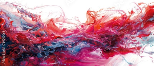  An abstract painting in red, blue, and white hues on a white canvas, featuring a splash of paint at its base.